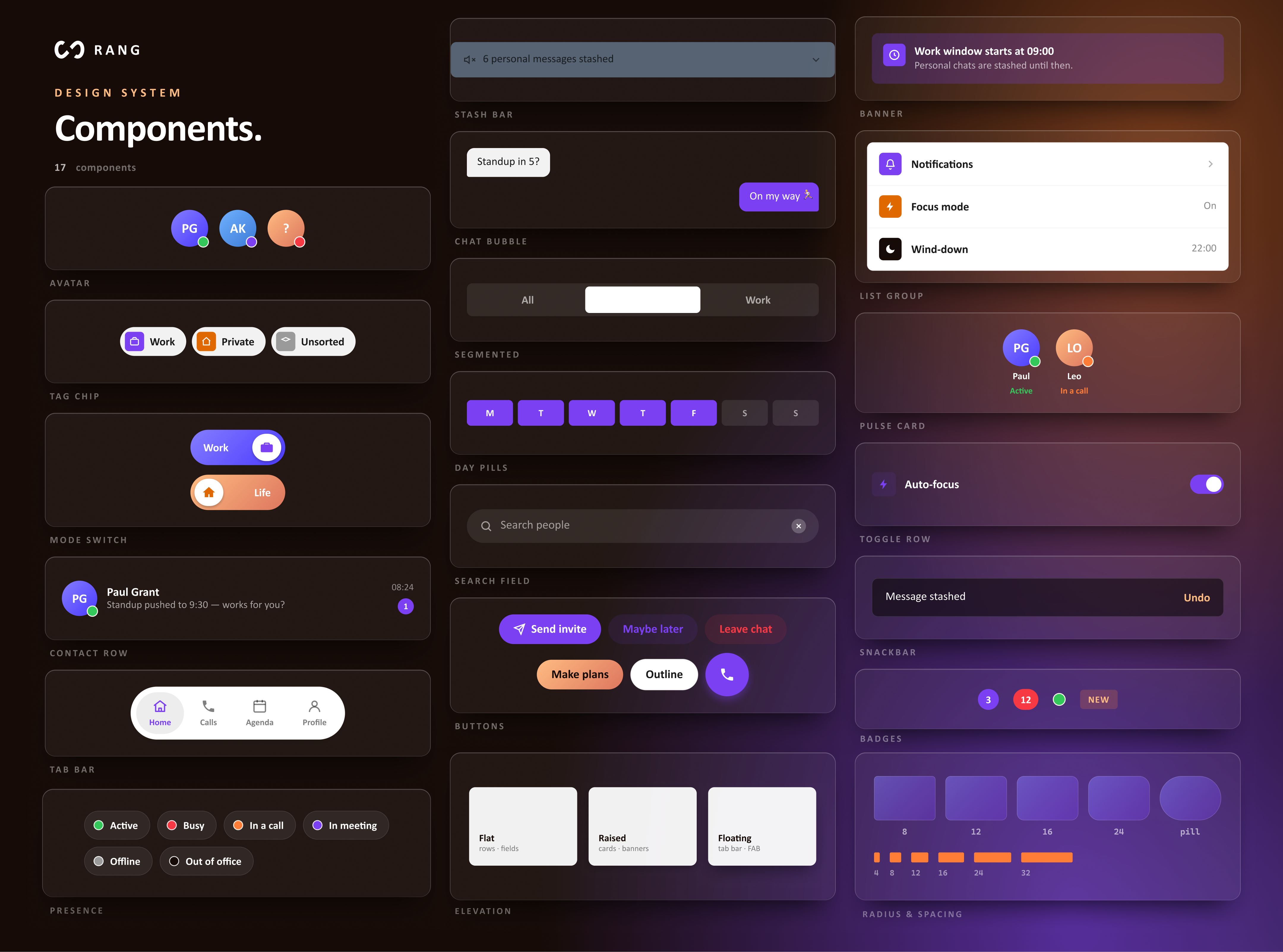 Rang design system components: avatars, tag chips, mode switch, contact row, tab bar, presence, stash bar, chat bubble, segmented, day pills, search field, buttons, elevation, banner, list group, pulse card, toggle row, snackbar, badges, radius and spacing