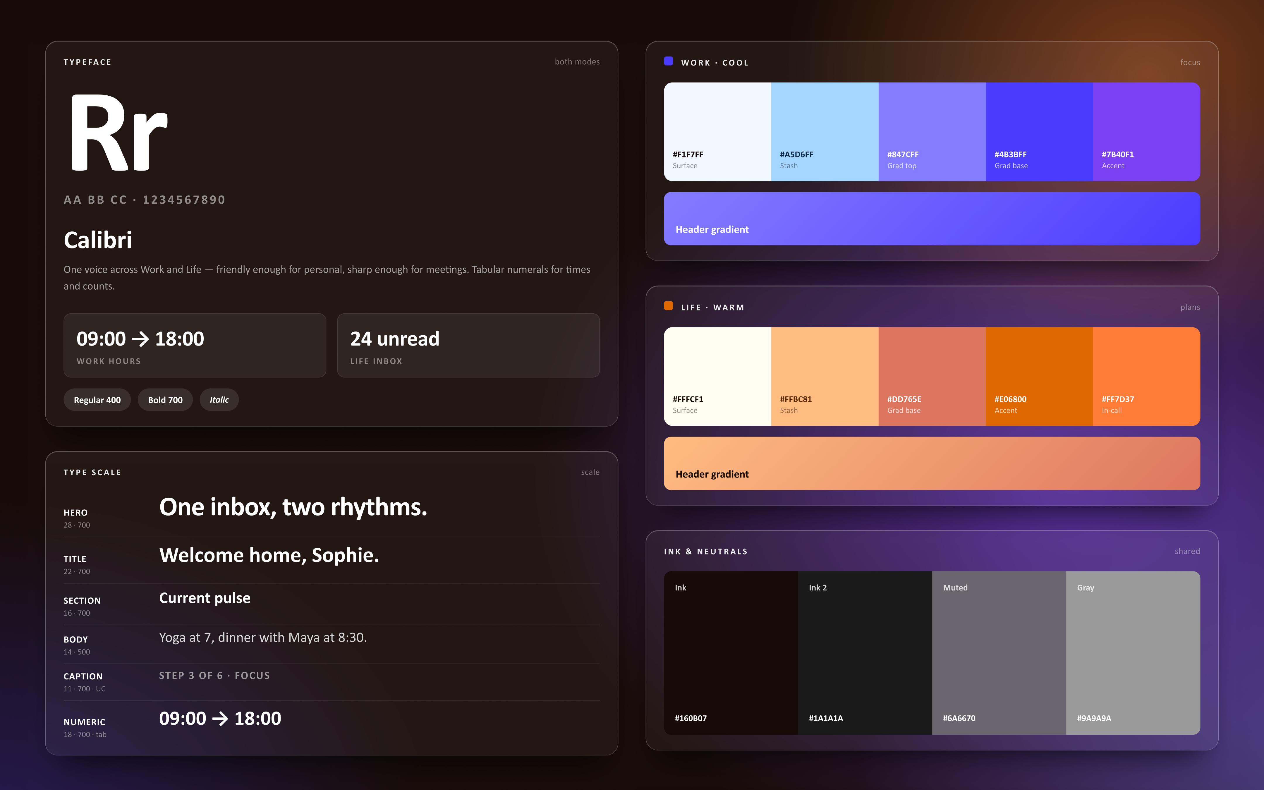 Rang design system foundations: Calibri typeface, type scale, Work cool palette, Life warm palette, ink and neutrals