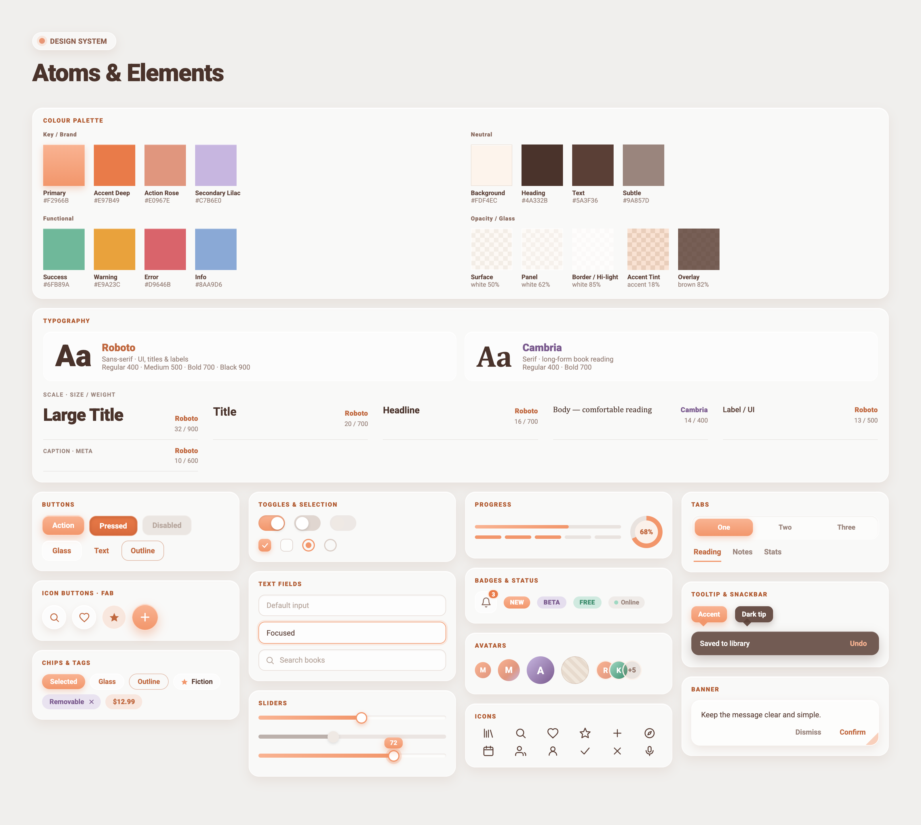 Next Chapter design system: colour palette, typography scale, buttons, toggles, progress, tabs, text fields, badges, avatars, chips, sliders, icons, tooltip, snackbar and banner components
