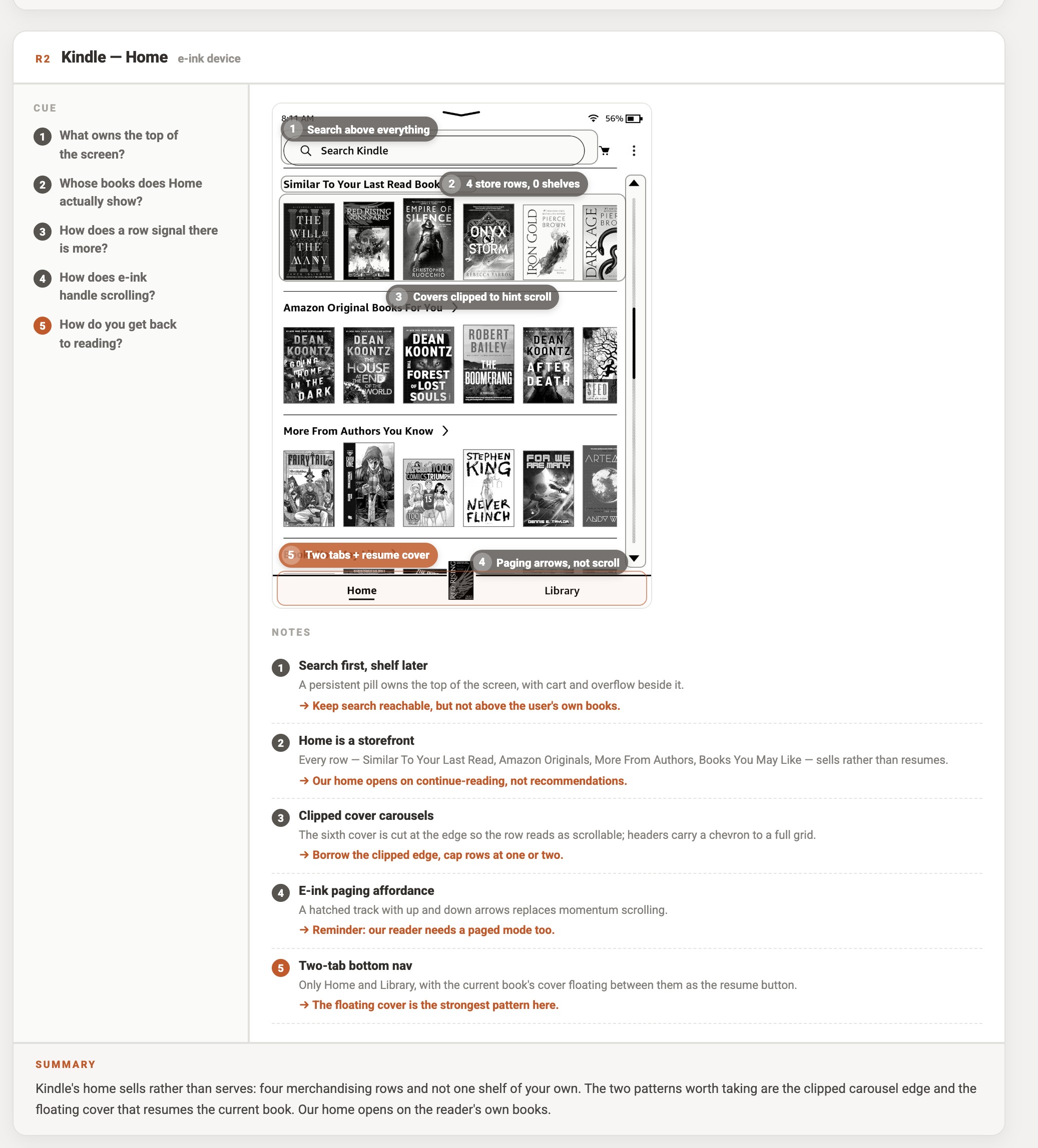 Research board, Cornell notes on Calibre, Kindle, Material 3 and iOS HIG