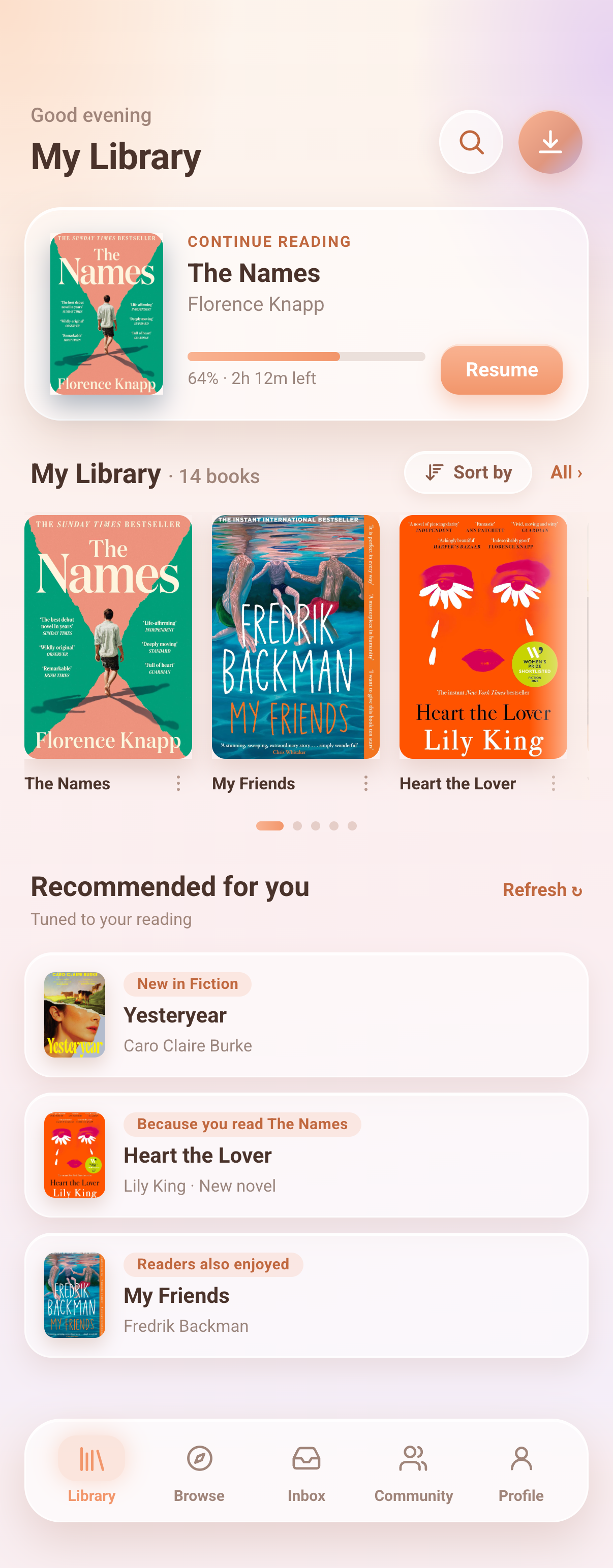 Next Chapter Library screen: continue-reading card, shelf grid of book covers, and recommendation list
