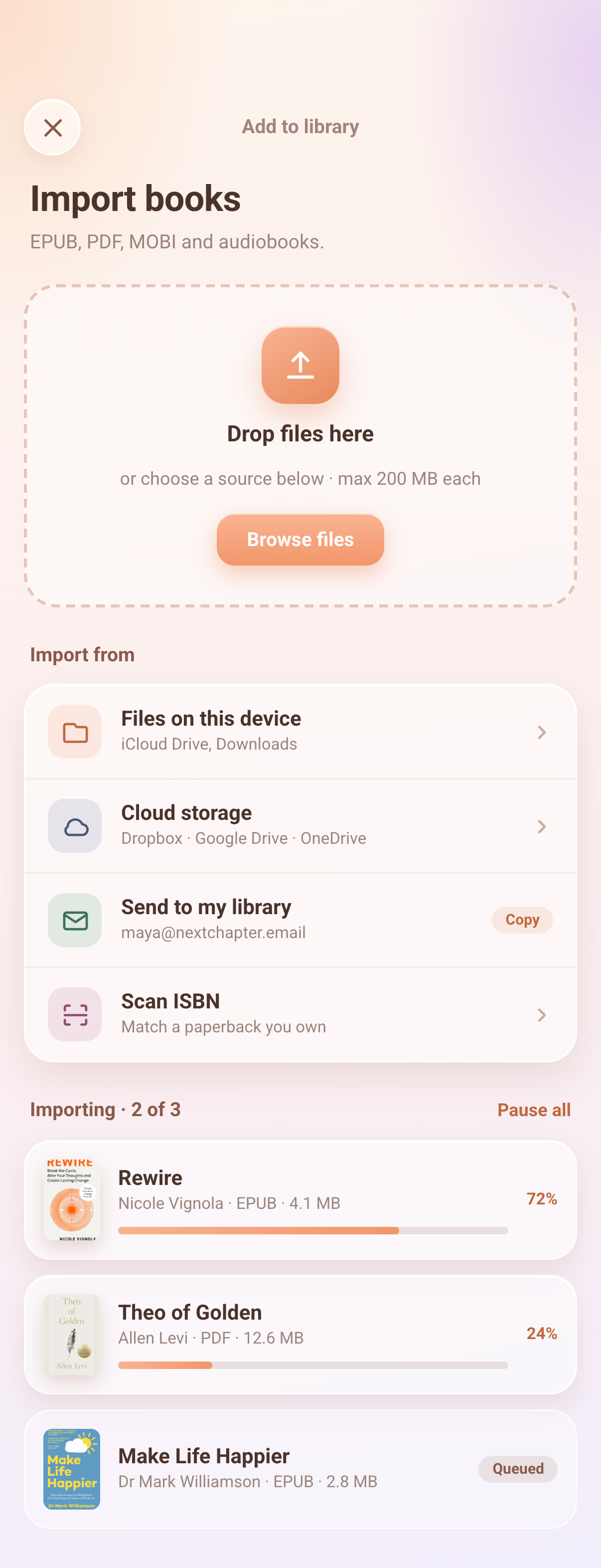 Next Chapter Import screen: connect a store, buttons, fields and status banners
