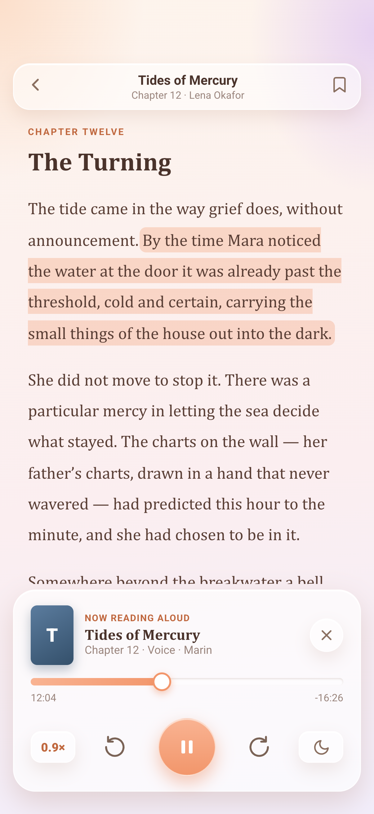 Next Chapter Reader screen showing the Cambria reading scale and read-aloud controls