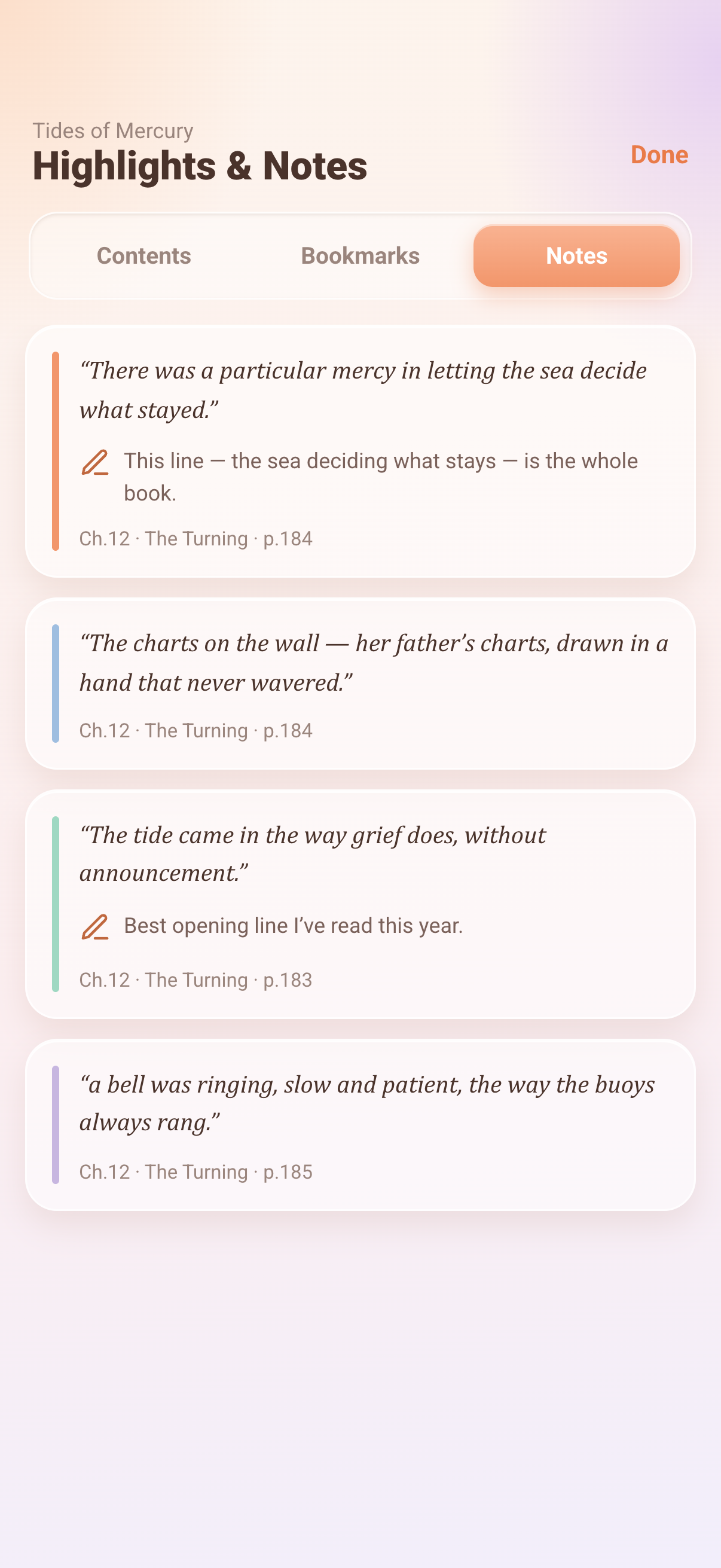 Next Chapter Highlights and Notes screen: pooled highlights grouped in lists with tooltips