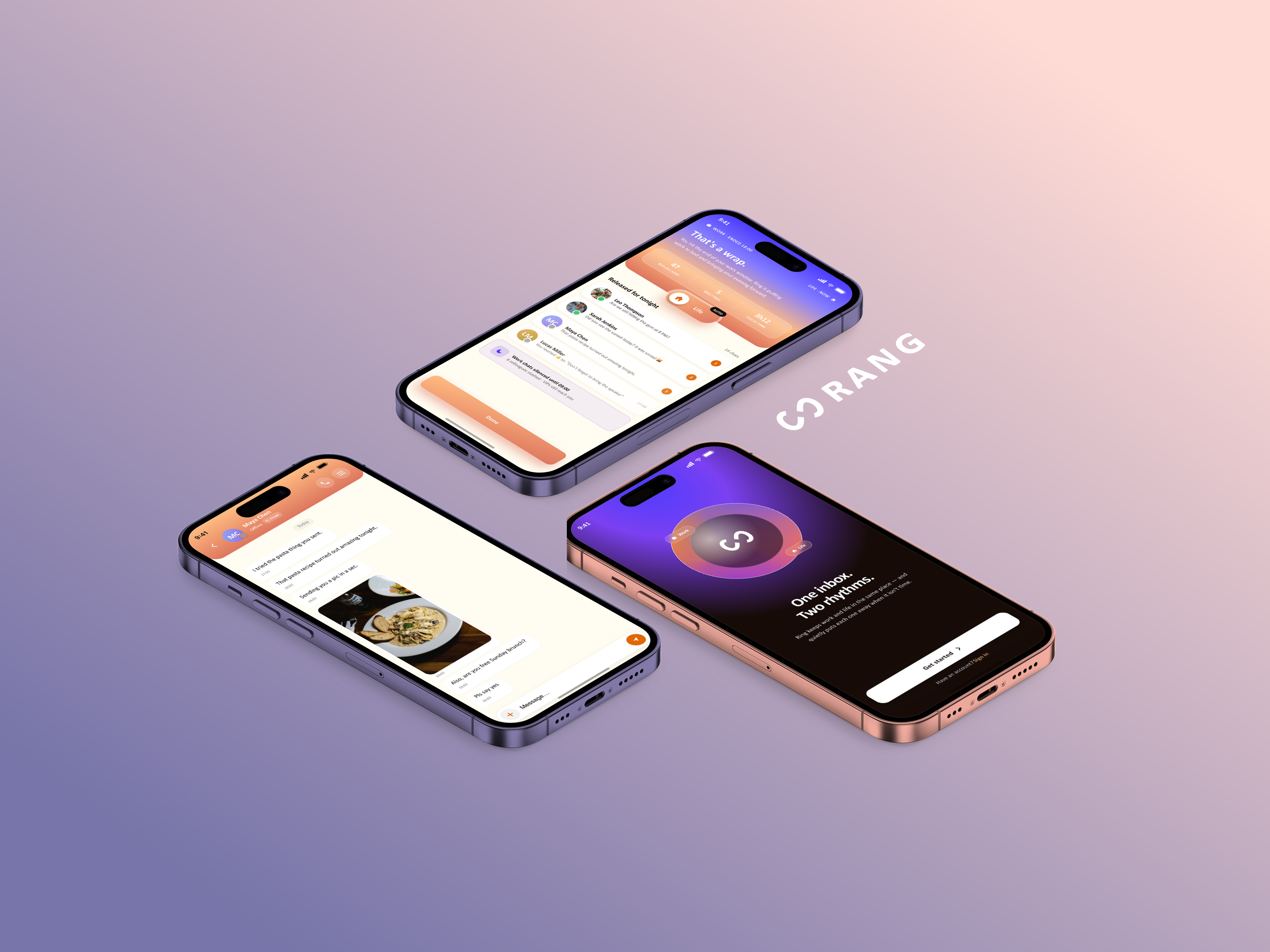 Rang – three iPhone mockups: wrap-up screen, chat, and onboarding