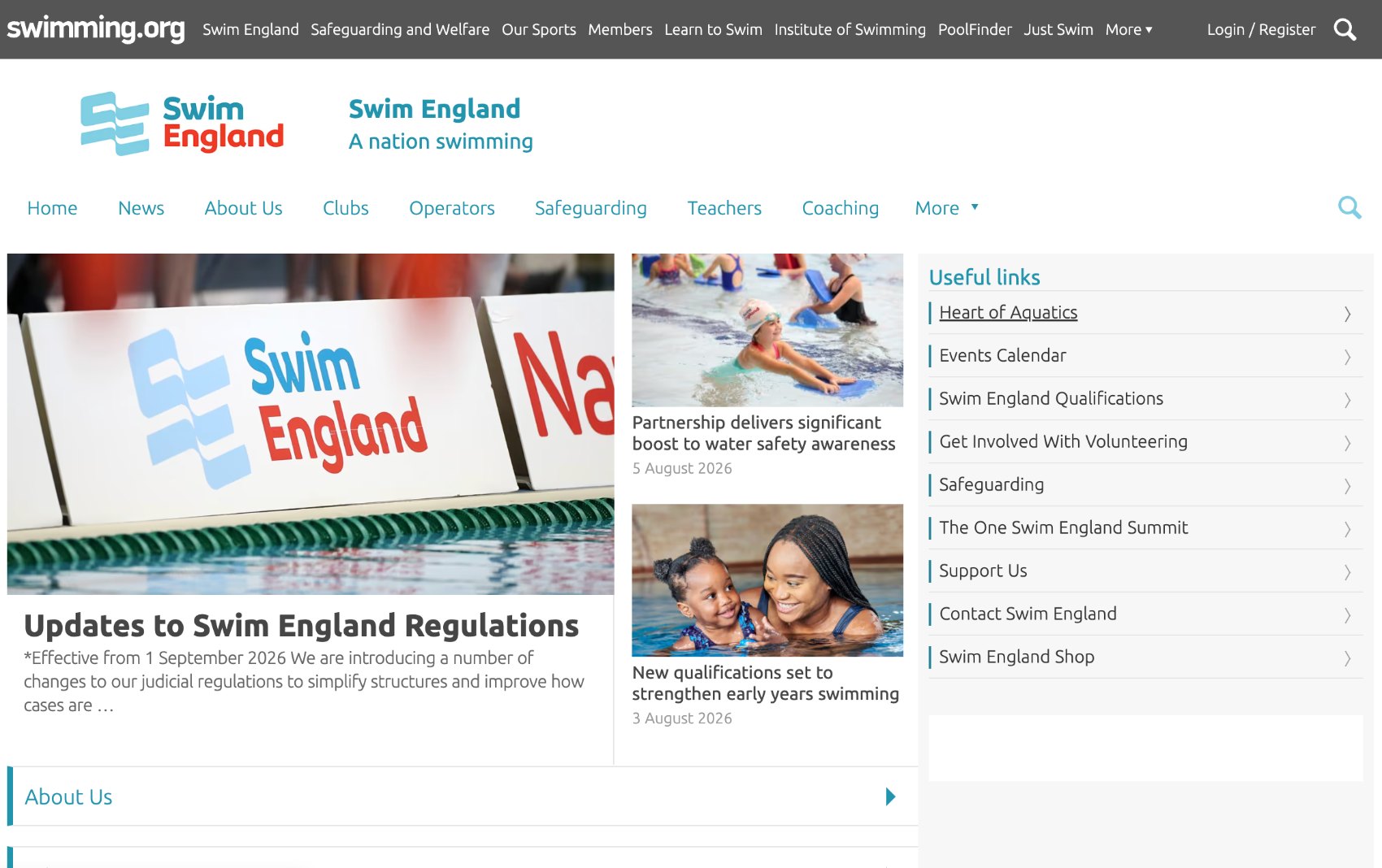 The Swim England homepage as tested, with two stacked navigation bars.