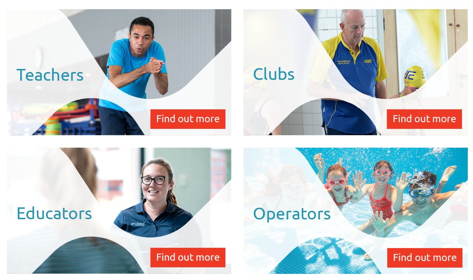 Figure 3: the four-box audience gallery for Teachers, Clubs, Educators and Operators, each with a Find out more button.