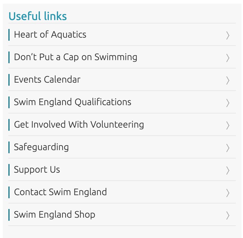Figure 4: the Useful links menu, nine unlabelled destinations from Heart of Aquatics to Swim England Shop.
