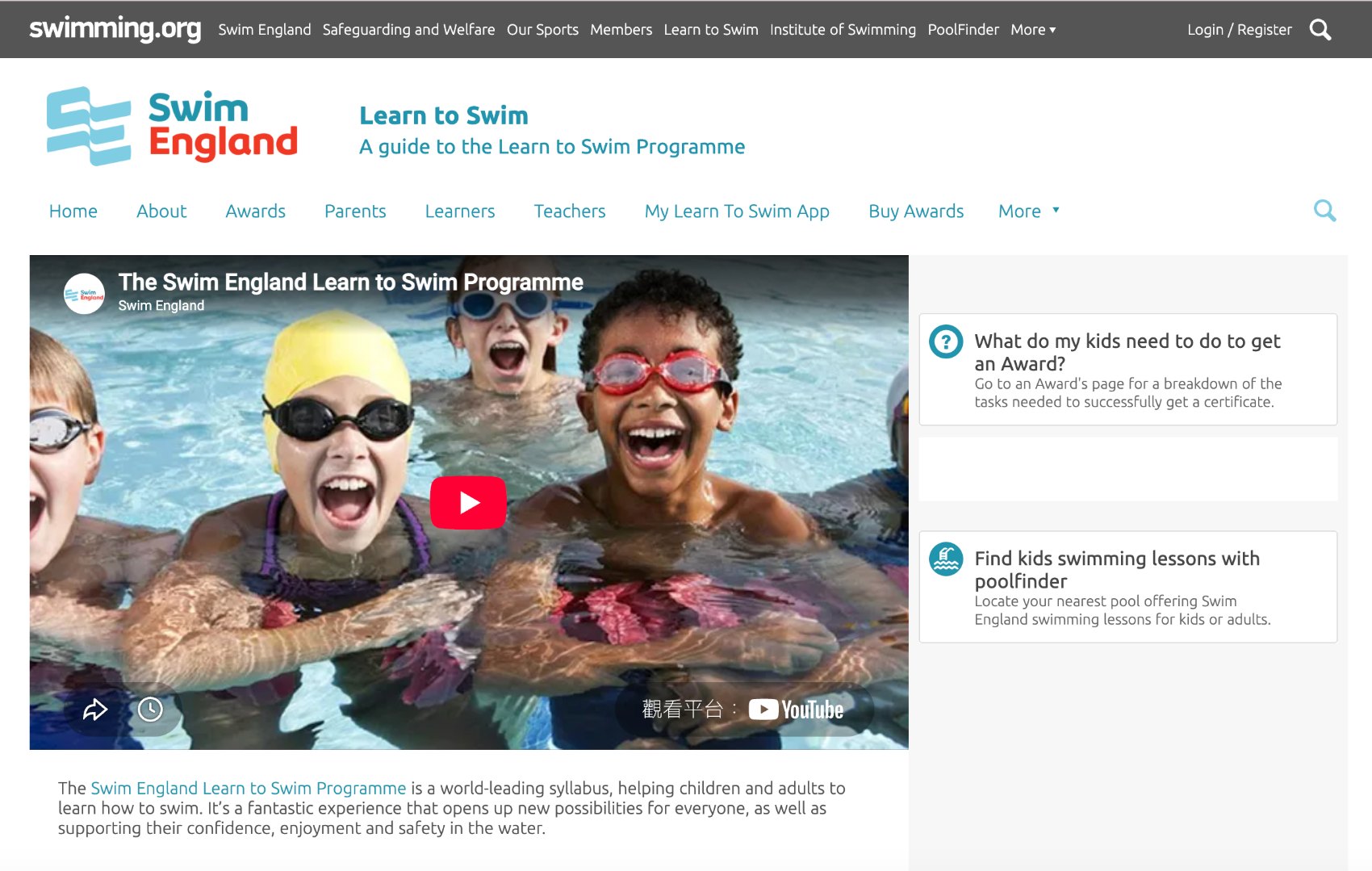 Learn to Swim landing page: a children's video fills the hero, with no visible stage or adult pathway.