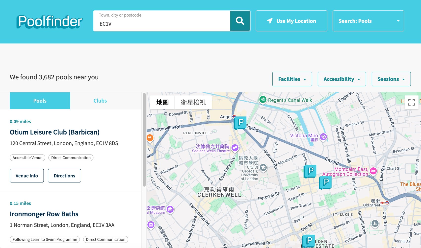 Poolfinder results for postcode EC1V: 3,682 pools found, list on the left and a map on the right.